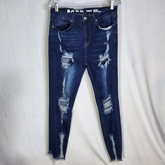 S.O.N.G Curvy Dark Wash Blue High Rise Skinny Ankle Distressed Jeans Jr Sz 13/31 - Picture 1 of 16